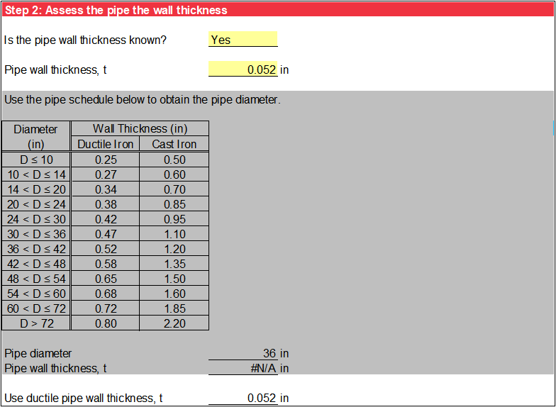 Step 2 of Iron Pipe worksheet: User-specified pipe wall thickness.